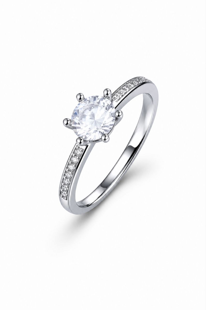 Aphrodite Ring – Zirkonia-Solitär mit Sechskrallen-Fassung und Pavé-Besatz, Edelstahl mit Platinbeschichtung
